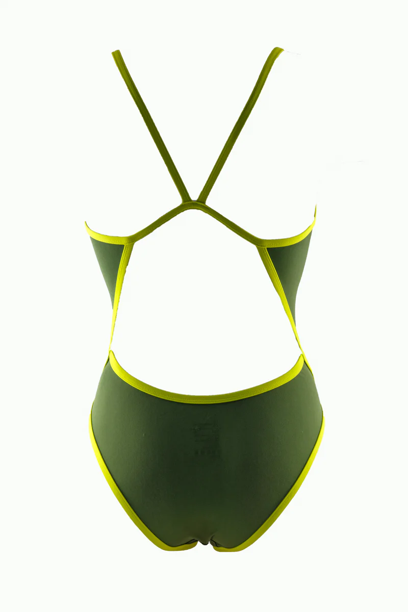 Maillot de bain femme 1 pièce - PMR Classic - Kaki/ bretelles Jaune fluo – Image 3
